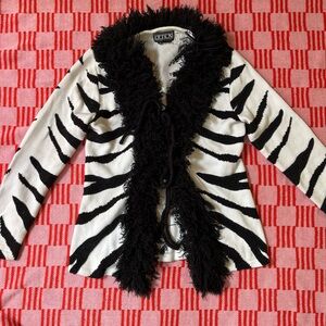 Berek Vintage Beaded Zebra Cardigan with fringe fur collar